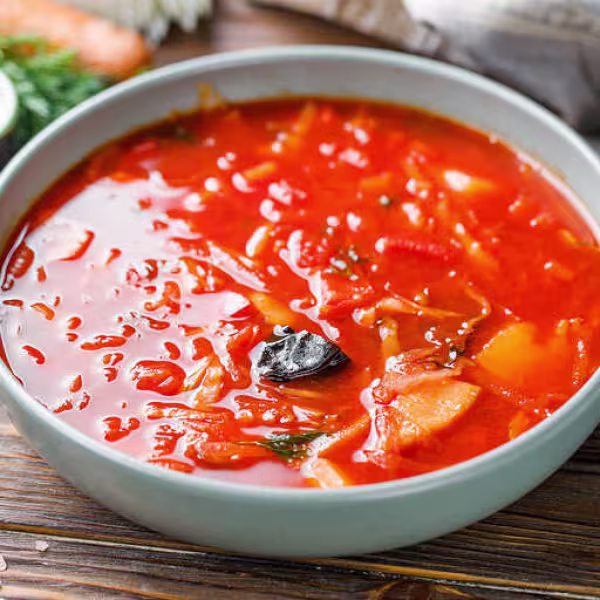 A traditional Ukrainian soup with beets, tomatoes, and pork ribs.